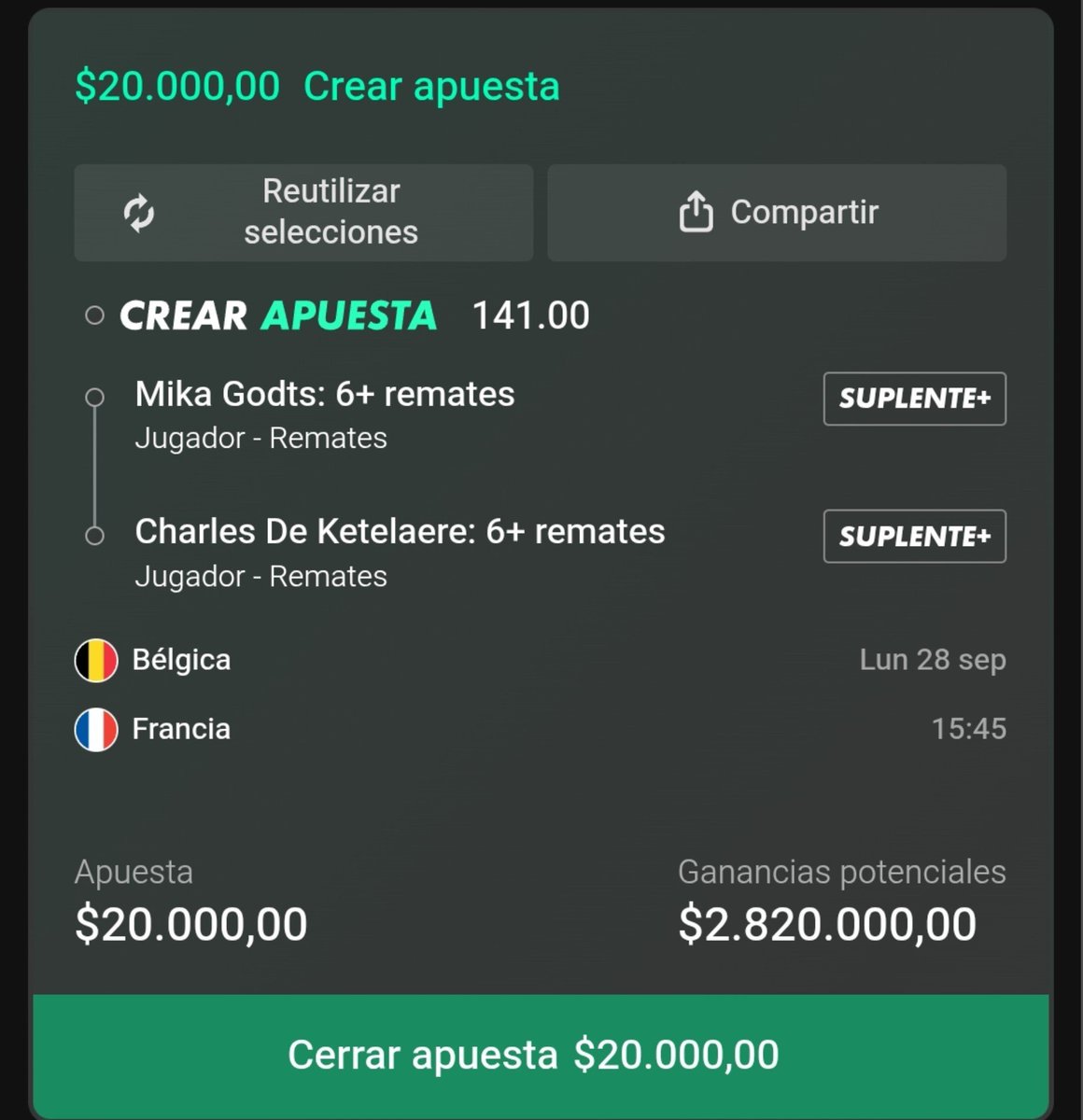 PROFEBET1's tweet photo. Si Francia va con suplentes esto se debería dar..
La call de @TomasPersico9 https://t.co/2veJW39BrK