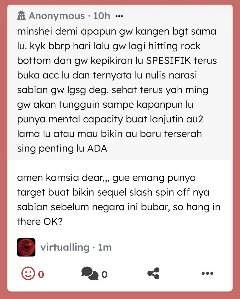 virtualling's tweet photo. minshei demi apapun gw kangen bgt sama lu. kyk bbrp hari lalu gw lagi hitting rock bottom dan gw kepikiran lu SPESIFIK teru… — amen kamsia dear,,, gue emang punya target buat bikin sequel slash spin off nya sabian sebelum negara ini bubar, so hang in … https://t.co/gg0i1MvpRX https://t.co/3fasmyamvo