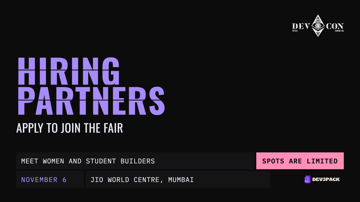 _SDAV's tweet photo. Calling companies &amp; recruiters 🚨

We're hosting the first-ever career fair at @EFDevcon on Nov 6, and looking for companies in India or remote 🤝

> Get a free booth
> Reach 400+ candidates
> Access to the talent portal

Spots are limited.

Apply here 👇
https://t.co/8XLlVwNcXv https://t.co/vPsxDm55Gw