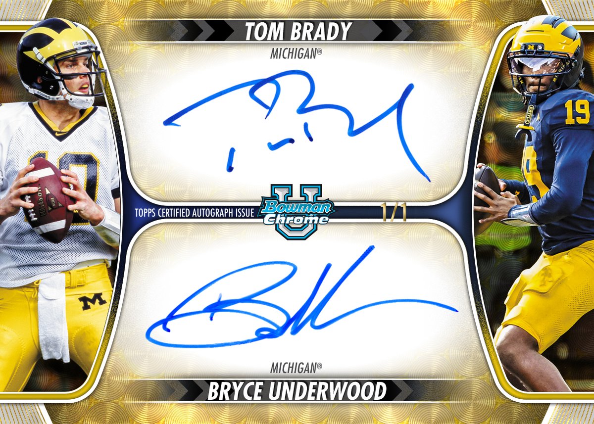 Topps's tweet photo. Michigan QBs past &amp; present! 

Tom Brady and Bryce Underwood have a 1/1 dual autograph card in Bowman Football 🔥 https://t.co/JuoCLds1W6