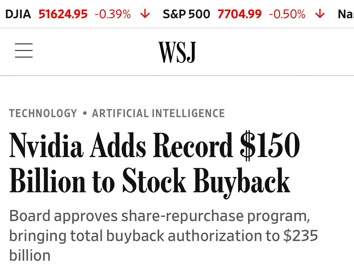 Nvidia authorizes record $150B stock buyback, lifting total to $235B