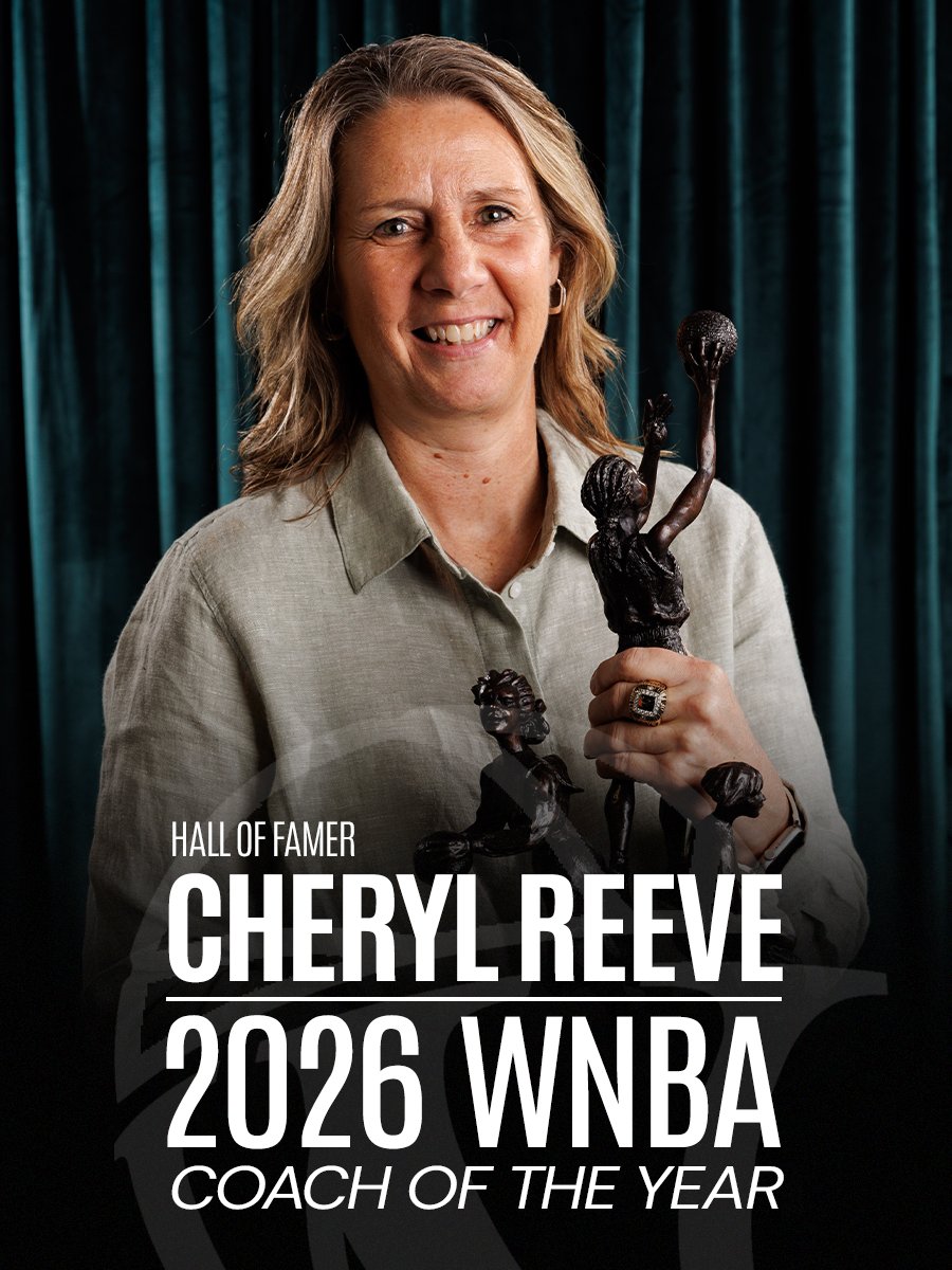 WBHOF's tweet photo. Congratulations to the Class of 2026 Inductee and Minnesota Lynx Head Coach, Cheryl Reeve, on winning her 5th WNBA Coach of the Year Award! Reeve becomes the first coach in any major professional American sport to win five Coach of the Year awards. 🏆🏆🏆🏆🏆

#wbhof https://t.co/mX7kN9BG6c