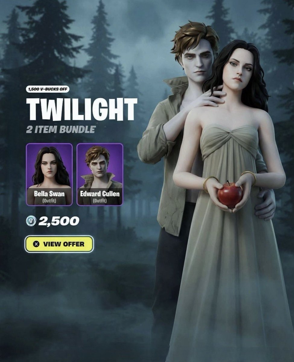 CBurmesther's tweet photo. Twilight is coming to Fortnite this Fortnitemares 🦇🌕 Twilight is finally coming to Fortnite for this upcoming Fortnitemares! The Twilight bundle set will include Edward Cullen and Bella Swan skins. https://t.co/auCX9WB4FH
