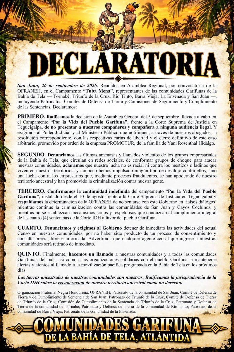 baraudawaguchu's tweet photo. Celebramos la asamblea regional de representantes de las comunidades Garifunas de la Región de Tela del dia sabado 26 de septiembre, en donde se reafirman, puntos tan importantes, entre otros; que la lucha del pueblo Garifuna no es una lucha racial, es por el respeto de nuestros derechos ancestrales territoriales y que se continuará exigiendo el cumplimiento de las 4 sentencias de la Corte IDH, sobre las comunidades de Triunfo de la Cruz, Punta Piedra, San Juan y Cayos Cochinos. La lucha continua, Barauda y Satuye, presentes!!