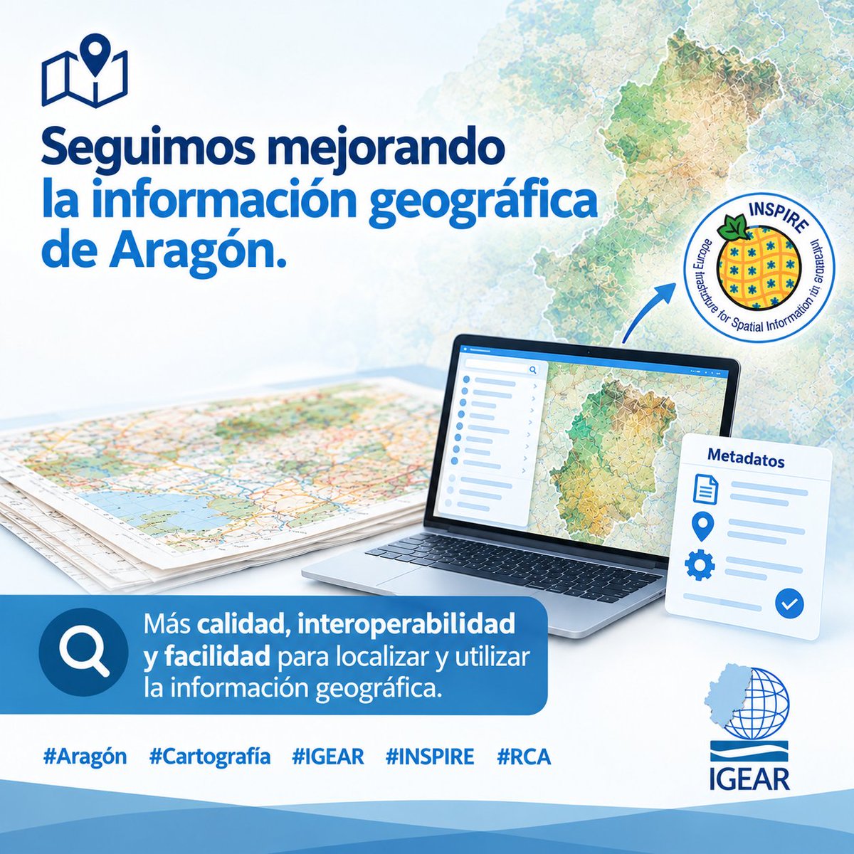IGEAR_Aragon's tweet photo. 🗺️ En el Instituto Geográfico de Aragón  revisamos y adaptamos nuestros recursos para adecuar sus metadatos a las especificaciones de INSPIRE.

🔎 Un trabajo técnico que favorece la calidad, interoperabilidad y accesibilidad de la información geográfica de Aragón.
#IGEAR  #INSPIRE #InformaciónGeográfica #Aragón #Metadatos