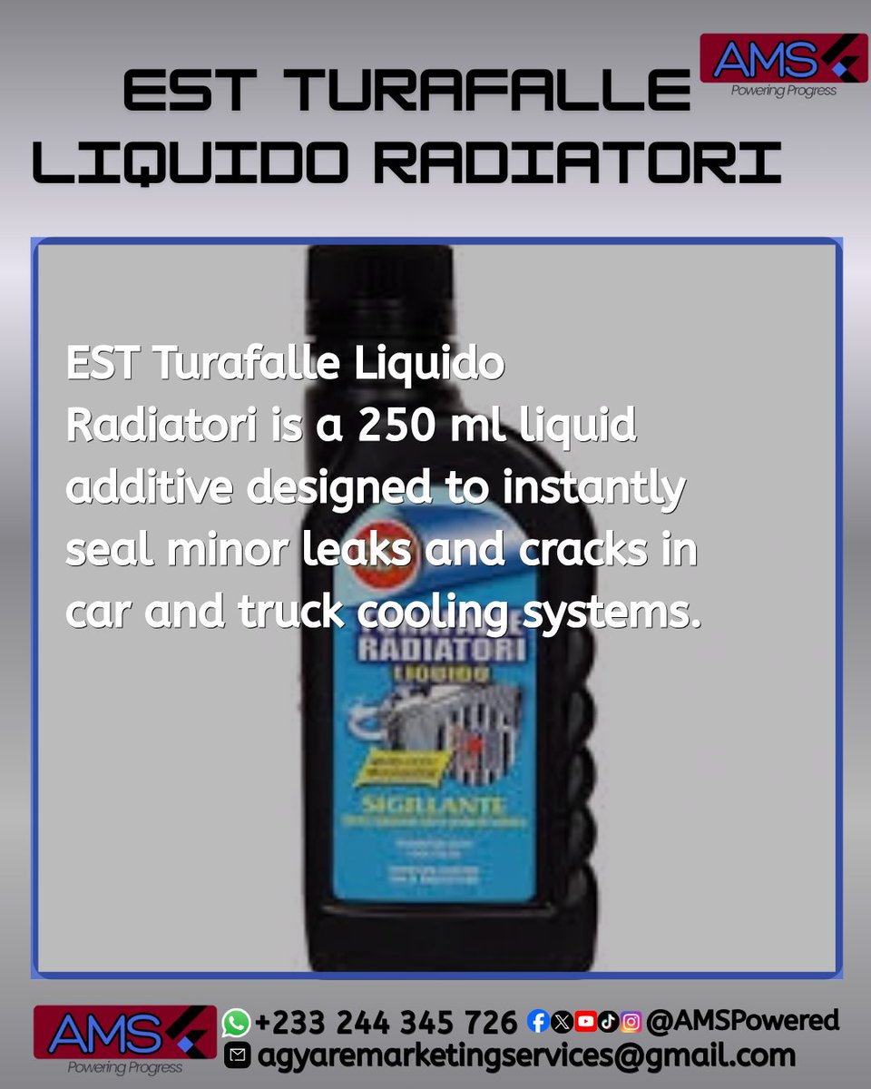 AMSPowered's tweet photo. 🚗 Keep your cooling system in check.

EST Turafalle Liquido Radiatori helps seal minor leaks and cracks in vehicle cooling systems, supporting reliable engine performance.

Available from AMS — Powering Progress. ⚡

#AMSPowered #PoweringProgress #AutomotiveCare #Radiator https://t.co/V6pIb9r834
