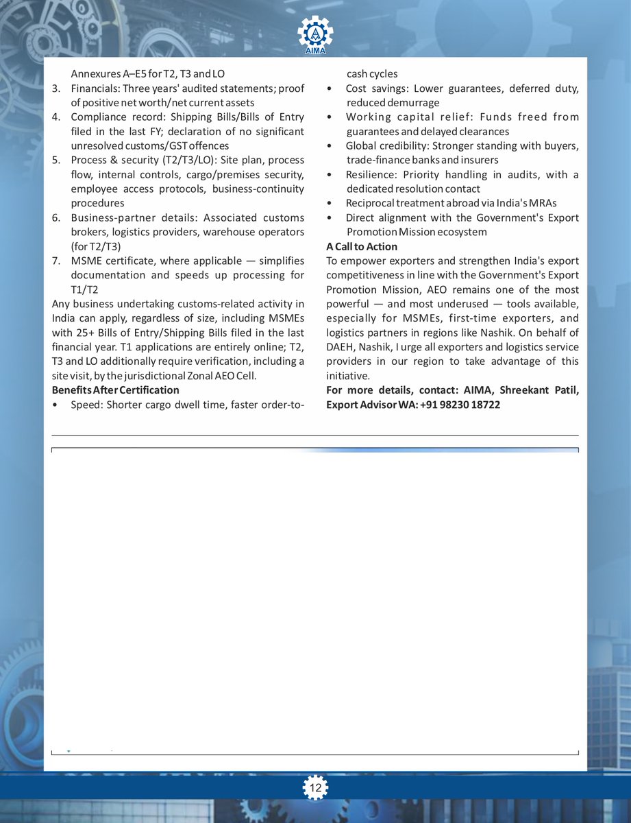 Shreekant26's tweet photo. Authorized Economic Operator (AEO) A Gateway to Faster, Cheaper, Credible Exports: CEng. Shreekant Patil
#AEO #ExportPromotionMission #Export #MSME #Certification #ShreekantPatil #CharteredEngineer #InternationalTrade #Advisor #Startup #Certifications https://t.co/Q0KTD3vtWt