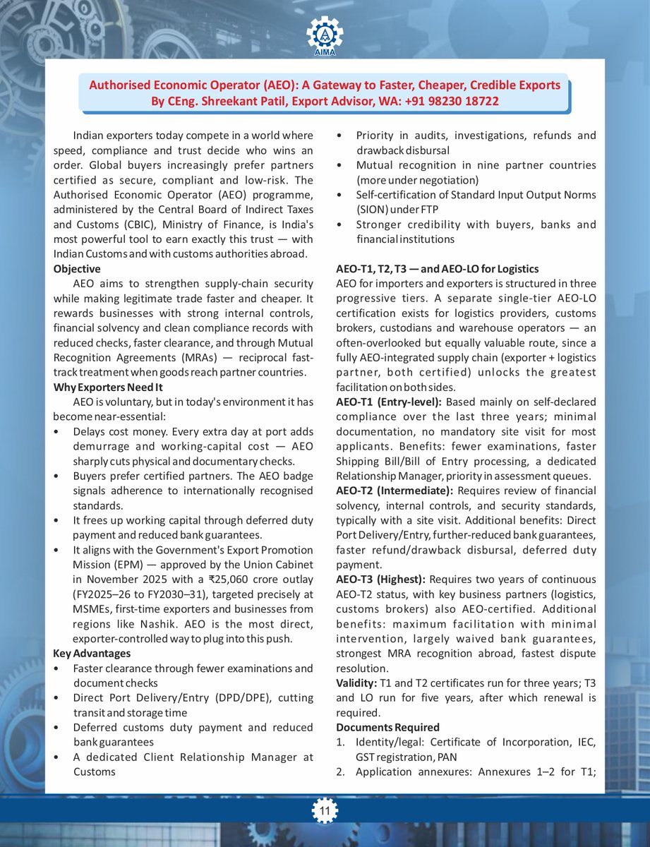 Shreekant26's tweet photo. Authorized Economic Operator (AEO) A Gateway to Faster, Cheaper, Credible Exports: CEng. Shreekant Patil
#AEO #ExportPromotionMission #Export #MSME #Certification #ShreekantPatil #CharteredEngineer #InternationalTrade #Advisor #Startup #Certifications https://t.co/Q0KTD3vtWt