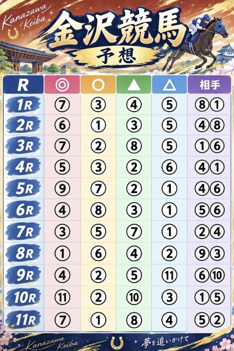 krinrinman's tweet photo. ⭐️水沢・名古屋・金沢・門別・船橋競馬予想⭐️
本日は5会場の予想を纏めました🙇
少しでも軸馬決める時などにお役に立てれば嬉しいです🥹
※門別・船橋競馬予想はこのポストのコメント欄に貼り付けます🙇

#水沢競馬予想　#名古屋競馬予想　#金沢競馬予想
#門別競馬予想　#船橋競馬予想 https://t.co/TbU4MiJeRm