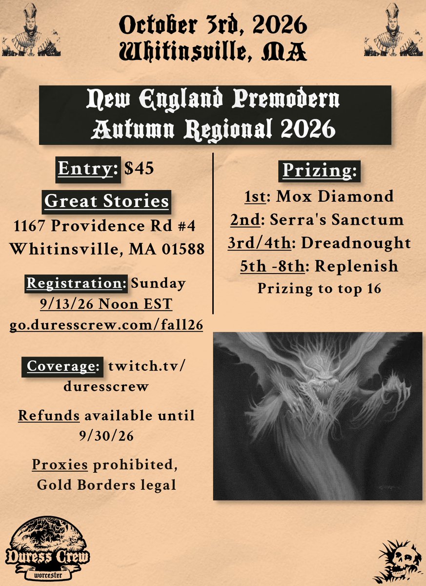 DuressCrew's tweet photo. Reminder that our next regional is coming up quick! This Saturday Oct 3rd. Registration here: https://t.co/Ky4Bb4YXNi

All our usual setup - stream, raffle for Worcester County Food Bank, and a side event for those who drop and want to run it back. https://t.co/ydKb5bDdV9