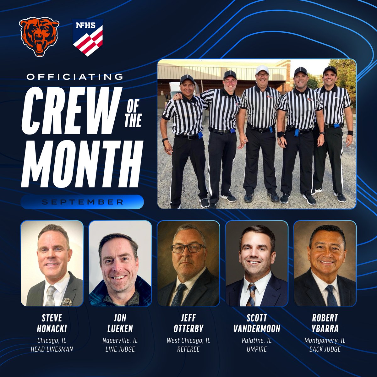 BearsOutreach's tweet photo. Congratulations to this month's IHSA Officiating Crew of The Month! 👏🏈

We're proud to recognize this outstanding crew for their dedication, professionalism, leadership, and commitment to the game! #ThisIsHSFootball https://t.co/5J885dEH4I