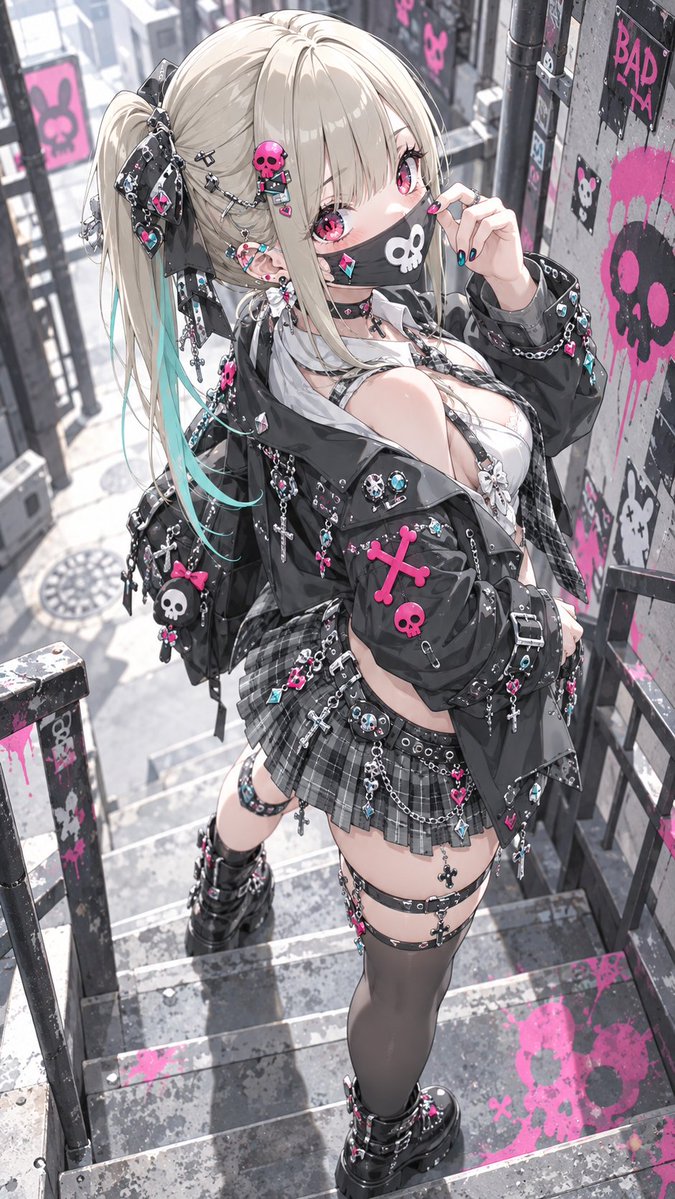 Coharrie_AI's tweet photo. 地雷系スクールパンク🖤
「おはよ〜💀💕
Good morningじゃなくて
　BAD MORNINGなんですけど☠️
　今日も地雷踏まないでね？♡」 https://t.co/Q0dMvTBB7n