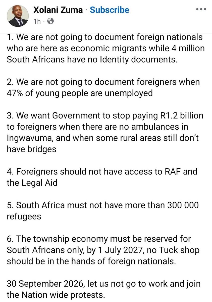AfricaisBlack's tweet photo. I have read the six points carefully. While I understand the frustration behind them, I must respectfully disagree with the framing and the solutions. 

Point 1: The lack of IDs for South Africans is a failure of Home Affairs' civil registration system, not a result of documenting foreign nationals. These are two separate administrative problems. In fact, a unified biometric system would help both. The Department of Home Affairs itself has admitted its systems are "manual and paper-based." The 2023/24 DHA Annual Report shows that the department is struggling to process billions of rand in revenue and has massive backlogs. The solution to South Africans lacking IDs is fixing Home Affairs, not denying documentation to others. Documenting foreign nationals creates a record that allows the state to track, tax, and manage them, it does not take an ID away from a South African citizen.

Point 2: Youth unemployment is a catastrophic crisis, but foreign nationals did not cause it. According to Statistics South Africa, youth unemployment (ages 15–34) was 43.4%, and the expanded rate was even higher. The causes are structural, a failing education system, a stagnant economy, and a labour market that cannot absorb new entrants. Documenting foreign nationals does not create or destroy a single job. In fact, undocumented labour is often exploited by employers who pay below minimum wage, which undercuts local workers. A documented workforce is easier to regulate, which protects local wages and working conditions.

Point 3: This R1.2 billion figure is often misrepresented. It typically refers to South Africa's international obligations, such as contributions to the African Union, SADC, or UN peacekeeping missions, not direct cash payments to foreign nationals living here. The lack of ambulances in Ingwavuma and bridges in rural areas is a failure of provincial and national infrastructure spending. According to National Treasury data, billions are lost annually to corruption and irregular expenditure. The problem is not money going to foreigners, it is money being mismanaged and stolen by South Africans in positions of power. Blaming foreigners for collapsed infrastructure is a deflection from the real culprit. CORRUPTION.

Point 4: This is a direct contradiction of South Africa's Constitution. Section 9 guarantees equality before the law for everyone in the country. Section 34 guarantees access to courts. The Road Accident Fund (RAF) exists to compensate anyone injured on South African roads, regardless of nationality, because the fund is financed by a levy on fuel, which foreign nationals also pay when they buy petrol. Denying them RAF or Legal Aid would create a two tier system of justice, which is unconstitutional. If you believe the law should change, that is a constitutional amendment debate, not a policy position you can simply declare.

Point 5: South Africa's refugee system is governed by the Refugees Act 130 of 1998 and international law. The country does not have a cap on refugees because refugee status is determined by individual persecution claims, not by a quota. According to UNHCR South Africa, the country hosts approximately 250,000 refugees and asylum seekers as of 2023, already below your proposed 300,000 figure. The problem is not the number, it is the backlog. The Department of Home Affairs has over 76,000 pending asylum appeals and 8,353 cases before the Standing Committee. The system is broken by administrative failure, not by an overflow of refugees.

Point 6: This is a call for economic segregation, which is both unconstitutional and economically harmful. The informal sector, including tuck shops, is a vital part of our economies. Many foreign nationals who run these shops source goods from local wholesalers, pay rent to local landlords, and employ South Africans. Forcing them out would not automatically transfer those businesses to South Africans, it would destroy supply chains and leave empty shops. —