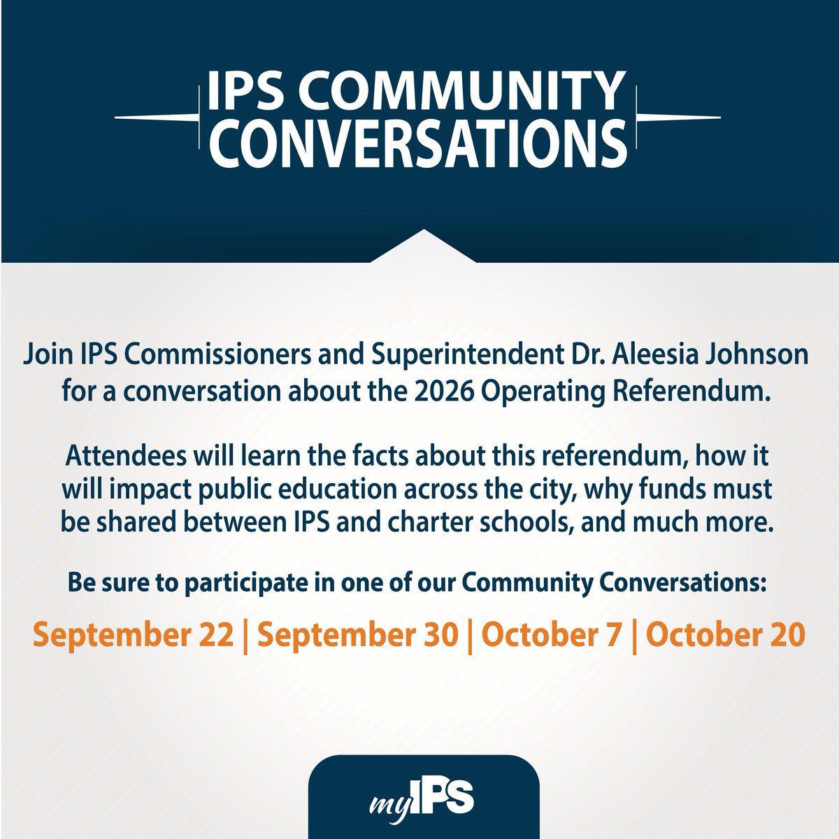 IPSSchools's tweet photo. Join IPS Superintendent Dr. Aleesia Johnson for a conversation about the 2026 Operating Referendum this Wednesday at William Penn Middle School.

During these conversations, IPS parents, students, staff, and local community members will gain a clear understanding of how this referendum will impact public education across the city, why funds must be shared between IPS and charter schools, and more.

Learn more at https://t.co/kjdEyK2VJS.