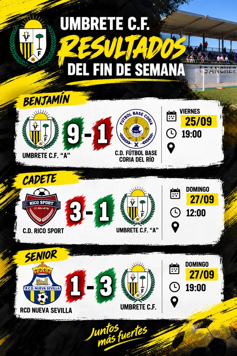 umbrete_cf's tweet photo. Resultados del fin de semana

#umbretecf #orgulloamarilloynegro https://t.co/yx8PHFF2YM