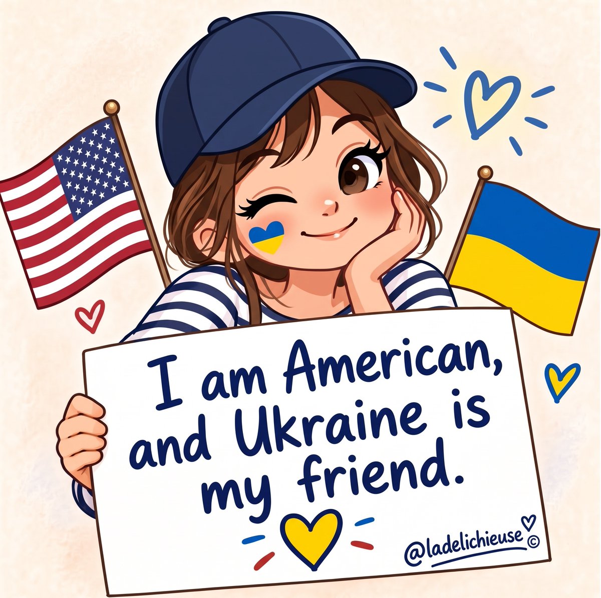 The_Real_ITDUDE's tweet photo. I am American and Ukraine is my friend.

Thank you @LaDelichieuse for inspiration! 
Your copyright is still in place, too! https://t.co/8ZDQzuh1lg