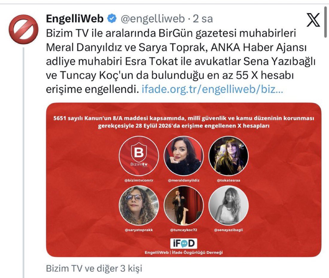 muratagirel's tweet photo. BirGün gazetesi muhabirleri Meral Danyıldız ve Saray Toprak ,

Anka Haber Ajansı muhabiri Esra Tokat’ın hesapları erişime engellendi.

Yeni hesapları 👇

@danyildizmeral  @esratokatesra @saryatopraak https://t.co/2Klz7JUPwr