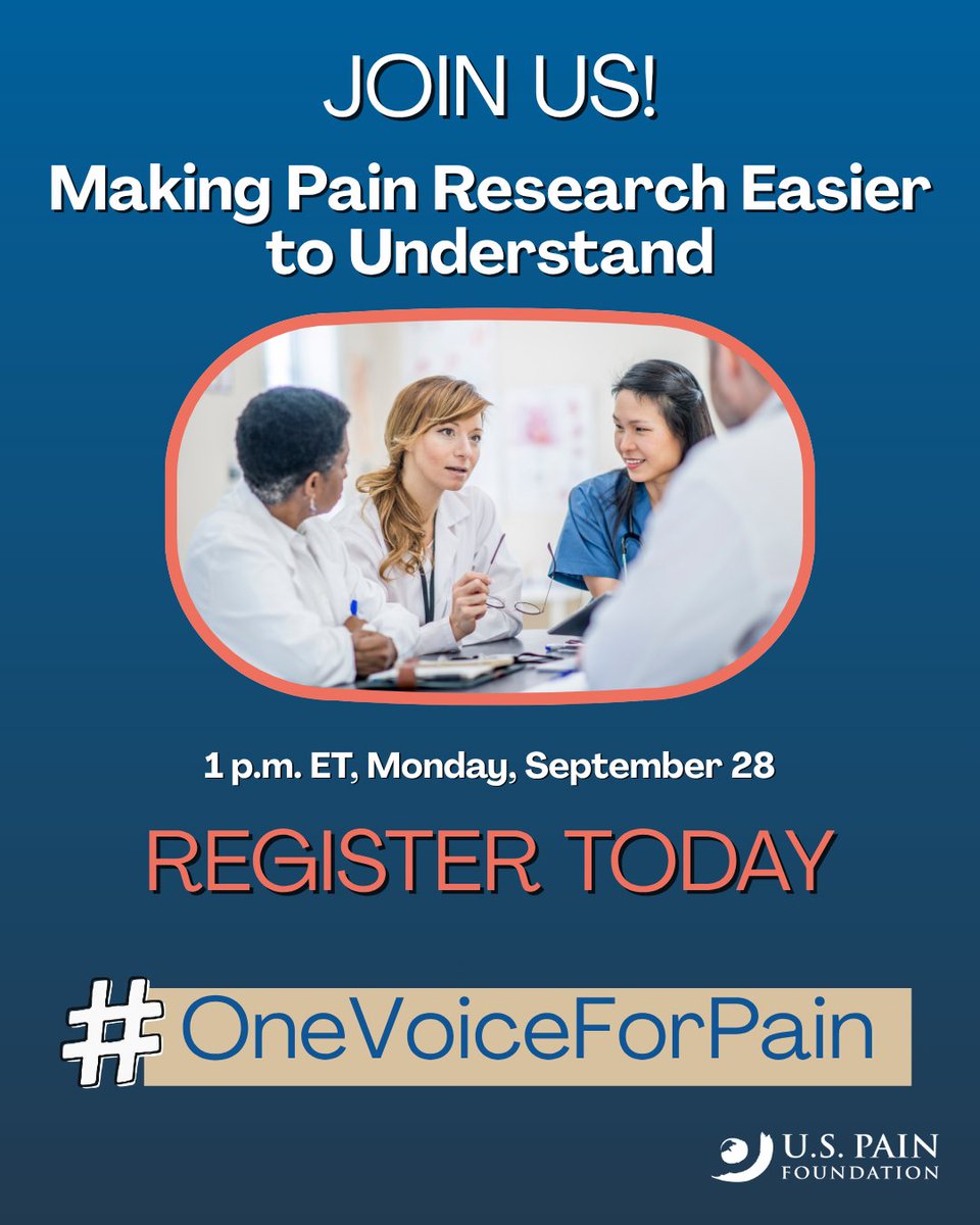US_Pain's tweet photo. #PainResearch design matters to patients. So does research communication.
Join U.S. Pain and @US_ASP TODAY, @ 1 p.m. ET on 9/28, to hear directly from people with #ChronicPain about improving research messaging.
🔗 Register: https://t.co/mPucVc3iyc
#OneVoiceForPain https://t.co/EMQW0JIi04