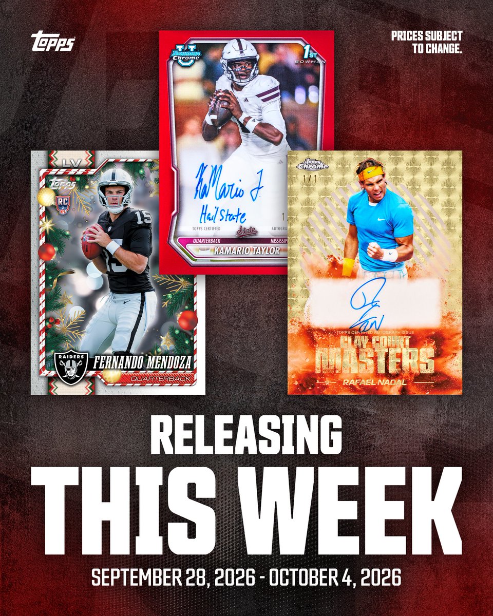 Topps's tweet photo. ⏰ RELEASING THIS WEEK ⏰
 
2026 Topps Collector Kits – MLB x NFL - Pre-Order ⚾️🏈
Mon. 9/28 - 12 PM EST
Collector Kit: $39.99
7 packs per box, 11 cards per pack
1 exclusive parallel card per box
 
2026 Topps Holiday Football - Pre-Order 🎄🏈
Mon. 9/28 - 1 PM EST
Mega Box: $29.99
10 packs per box, 10 cards per pack
Look for Base Holiday Variation Short Prints
 
2026 Topps Chrome Tennis 🎾
Wed. 9/30 - 11 AM EST
Hobby Box: $99.99
12 packs per box, 8 cards per pack
2 autograph cards per box
 
2026 Bowman Football 🏈
Wed. 9/30 - 12 PM EST
Hobby Box: $309.99
20 packs per box, 8 cards per pack
2 autographs per box
 
2026 Topps Chrome Star Wars 🪐💥
Wed. 9/30 - 1 PM EST
Hobby Box: $179.99
10 packs per box, 10 cards per pack
1 autograph per box