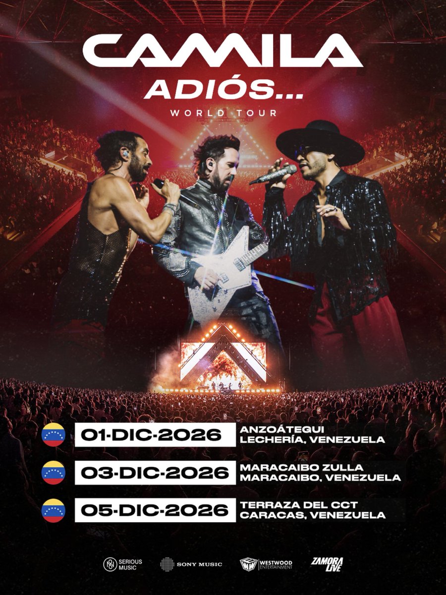 CamilaMX's tweet photo. Venezuela, ¡tenemos una cita! 🇻🇪❤️

Qué lindo es volver con ustedes. Ya queremos cantar, disfrutar y vivir estas tres noches juntos. 🔥

📍 Lechería · 1 de diciembre
📍 Maracaibo · 3 de diciembre
📍 Caracas · 5 de diciembre

¿Cuál canción quieren volver a escuchar con nosotros? 👀

🎟️ Boletos disponibles, enlace en nuestra bio.

#CamilaAdiósWorldTour #20AñosDeCamila