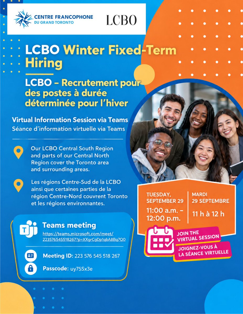 CentrefrancoT's tweet photo. 🍁 À la recherche d’une occasion d’emploi pour cet hiver?
La @LCBO  recrute pour des postes à durée déterminée pour la saison hivernale dans la région de Toronto et les environs.
Le @CentrefrancoT vous invite à participer à une séance d’information virtuelle pour en apprendre davantage sur les possibilités d’emploi offertes et obtenir les informations utiles sur le recrutement.

📅 Mardi 29 septembre
🕚 11 h à 12 h
💻 En ligne sur Microsoft Teams
👉 Participez à la séance directement sur Teams : https://t.co/jJ8WVqBVXt
ID de réunion : 223 576 545 518 267
Code secret : uy75Sx3e

Vous connaissez une personne à la recherche d’un emploi? Partagez-lui cette occasion!
------------------------------------
#Emploi #Recrutement #OpportunitéEmploi #LCBO #Toronto #Francophones #CFGT