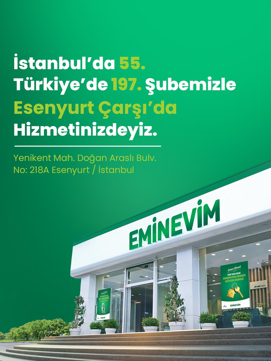 eminevim's tweet photo. İstanbul'da 55., Türkiye’de 197. şubemizle Esenyurt Çarşı'da hizmetinizdeyiz. Siz de ev, araç ve iş yeri hedefinize tam zamanında kavuşmak için şubelerimizi ziyaret edebilirsiniz.

#Eminevim #Şube #İstanbul https://t.co/eRqhQFAVn4