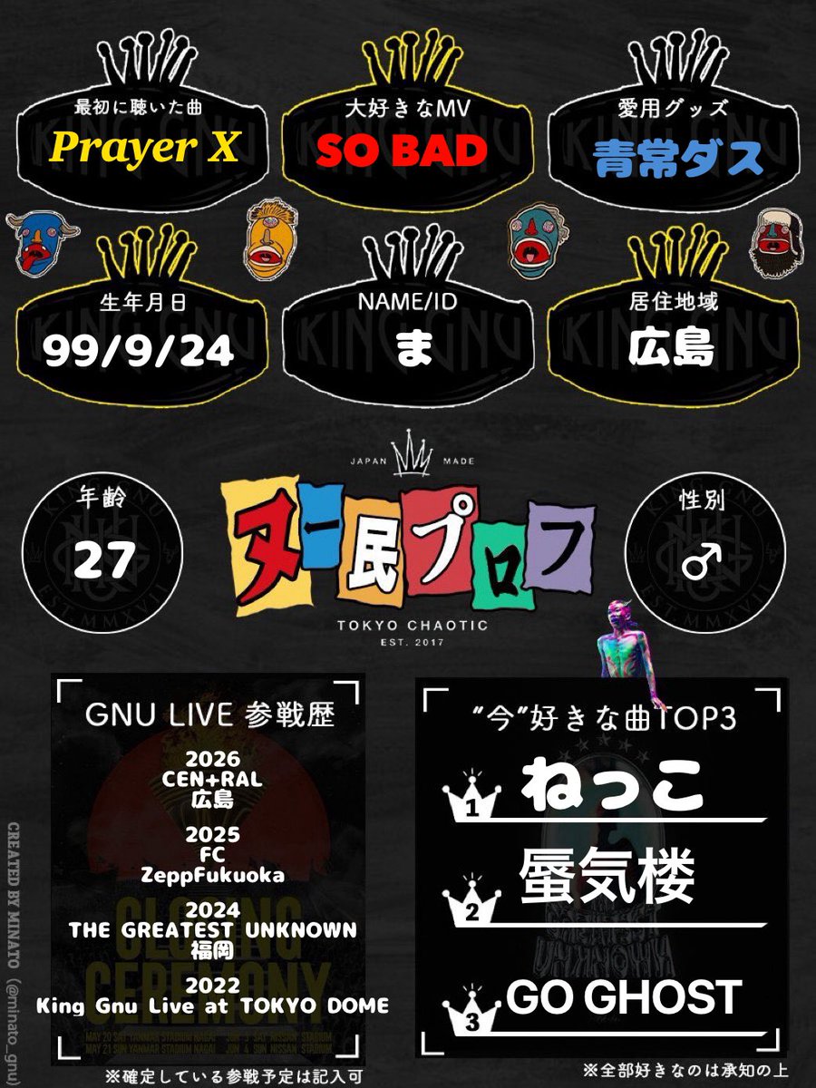 KG_m_KG's tweet photo. 重い腰を上げ取り急ぎ作りやした
雑に絡んでくれるとかなり喜びます。
皆さんよしなによろしゅう

KICKOFFで会いましょう🙌

#KingGnu好きな人と繋がりたい
#KingGnu好きと繋がりたい 
#ヌー民と繋がりたい https://t.co/Ls6Z0j8BNz
