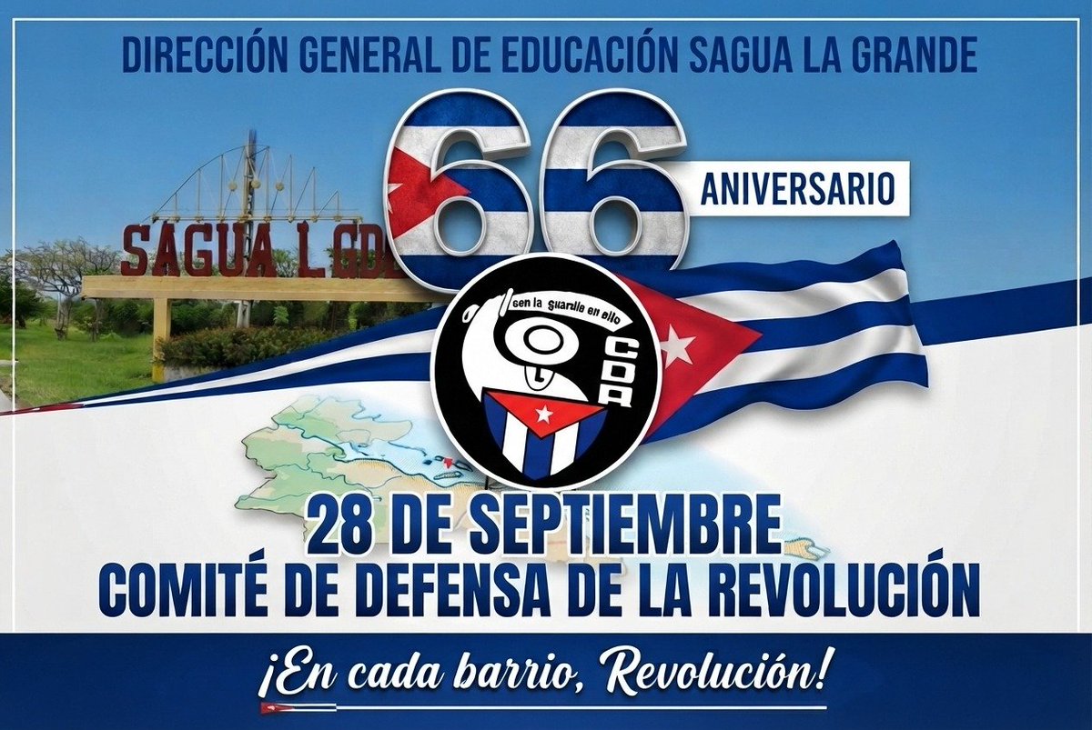 DGESagua's tweet photo. Hoy cumplimos 66 años. 🎂🇨🇺

Hoy cumplimos 66 años. 🎂🇨🇺

Nacidos para defender la Revolución, hoy somos sinónimo de unidad, solidaridad y trabajo comunitario.

¡Felicidades a todos los cederistas en este día!

#CDR #Cuba #66Aniversario #SomosCDR #Patria https://t.co/O1KxMFS9EO