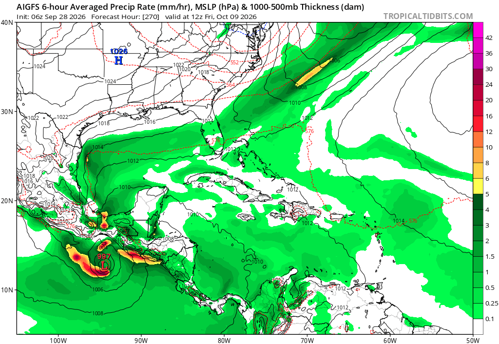 AndyHazelton's tweet photo. The final thing to watch for any real Atlantic candidates this year is something near the Yucatan or Southern Gulf over the next couple of weeks.

Google DeepMind (both the 1000-member version and the newer WNV3) has had a fairly persistent signal, though it's only ~20% of members right now.

The mechanism for development would likely be convergence along the tail end of a front, and possibly a contribution from something crossing over from the East Pacific. These are plausible development pathways, but historically we haven't seen anything significant come from this during very strong El Niños.

If nothing comes from this signal, I think there's a very real chance we end the season with zero Atlantic hurricanes. We are already starting to see indications of a robust subtropical jet starting to drop south in a couple weeks. This will probably end the hurricane season for the CONUS and start the transition to what will likely be a very wet winter along the Gulf Coast.