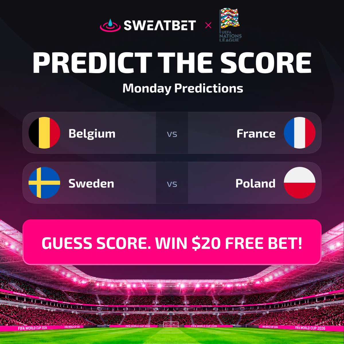 sweatbetio's tweet photo. 🚨Monday Predictions @ #NationsLeague 

👉Predict the scores  
👉RT
👉Win $20 Free Bet  

*Fastest 3 to win
*Open until 20:45 CET