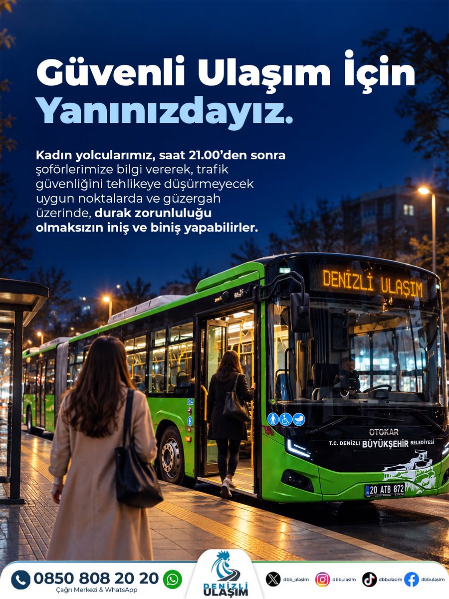 dbb_ulasim's tweet photo. Güvenli ve konforlu ulaşım için çalışmalarımızı sürdürüyoruz.
Kadın yolcularımız, saat 21.00’den sonra şoförlerimize bilgi vererek, trafik güvenliğini tehlikeye düşürmeyecek şekilde güzergahtaki uygun noktalarda durak zorunluluğu olmaksızın iniş ve biniş yapabilirler.
#denizli https://t.co/2Zi5T3xYQ9