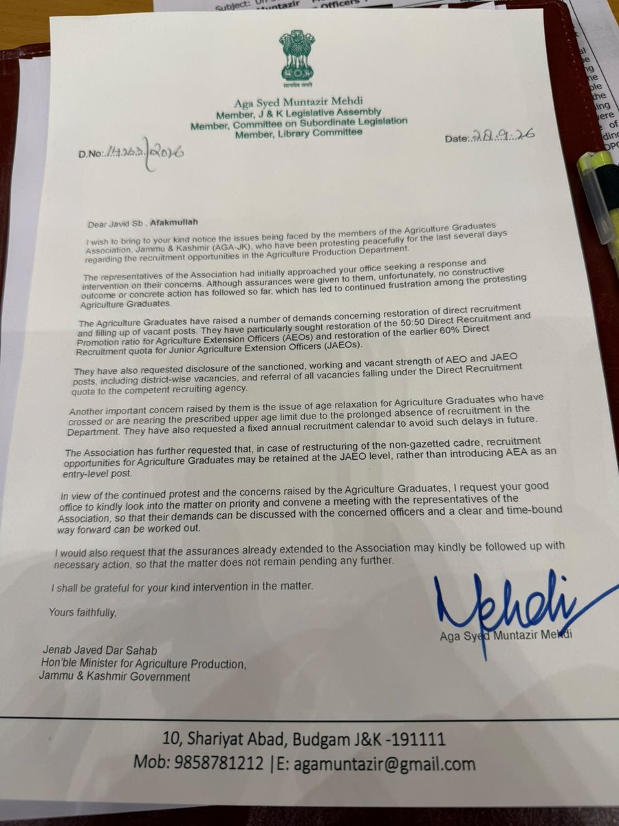 UAGA_JK's tweet photo. Heartfelt thanks to @Agasyedmuntazir Sb for taking up the concerns of J&K’s Agriculture Graduates and formally raising the matter with the Agriculture Minister.
We now earnestly request agriculture Minister @JavedDar_NC Sb and Hon’ble @CM_JnK @OmarAbdullah  Sb to intervene and address the long-pending recruitment issues, particularly the concerns arising from SRO-442 and SRO-433, and restore a fair and transparent recruitment framework.
Our demands remain clear: Revoke the unjust provisions of SRO-442 & SRO-433, streamline the recruitment rules, and ensure referral of vacant gazetted posts to the recruiting agency.
We seek justice, fair recruitment and a time-bound roadmap for the Agriculture Graduates of J&K.
@ErSameerYousf @Basitwani345 @Mirzuba1