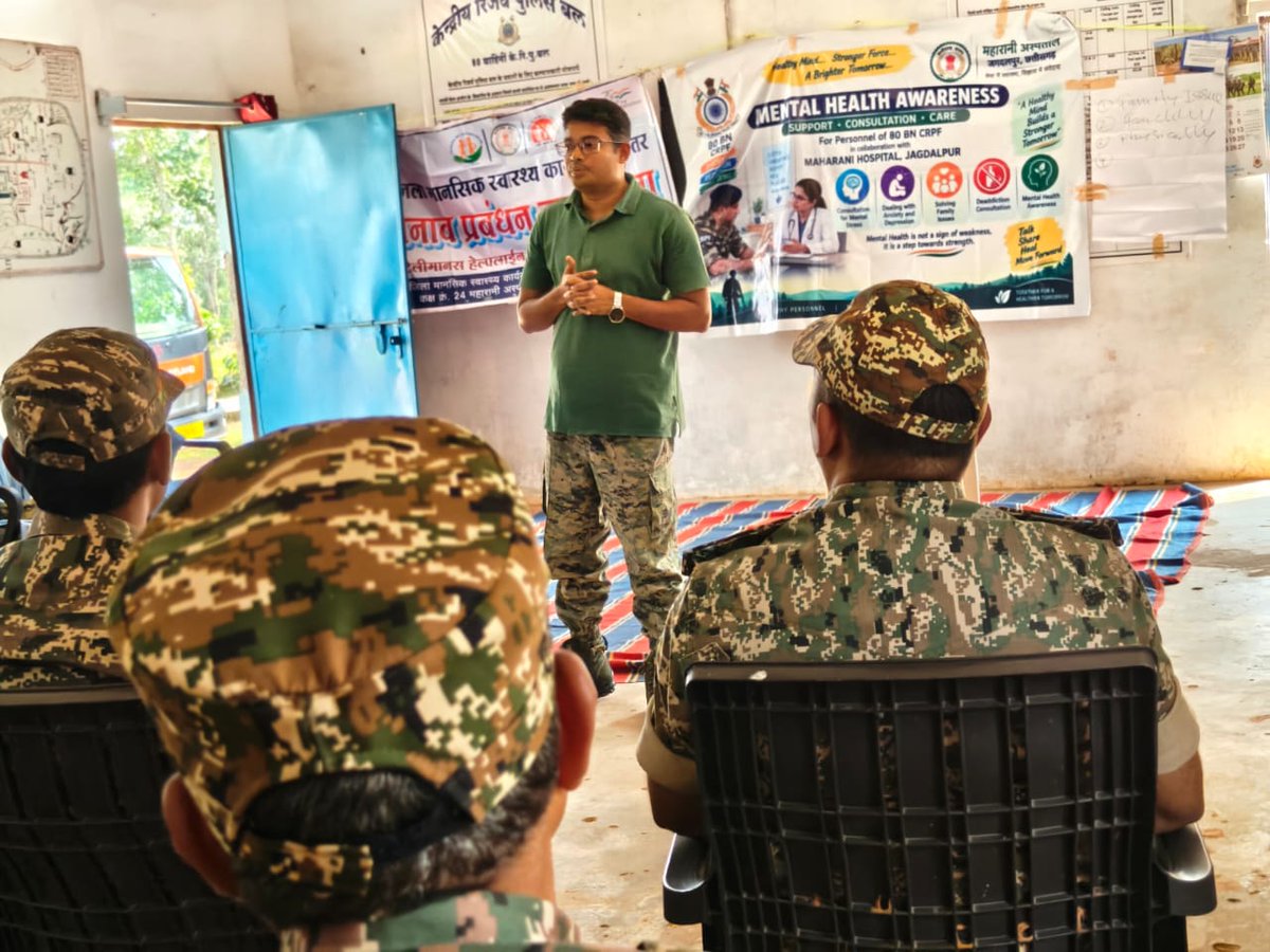 80Crpf's tweet photo. 80 Bn CRPF conducted a Mental Health &amp; De-Addiction awareness session at  Chandameta camp   in colobration with Maharani Hospital,Jagdalpur. Troops were sensitized on stress management,emotional well-being, de-addiction, substance abuse, and behavioural &amp; social media addictions. https://t.co/rAI7e2XGhd