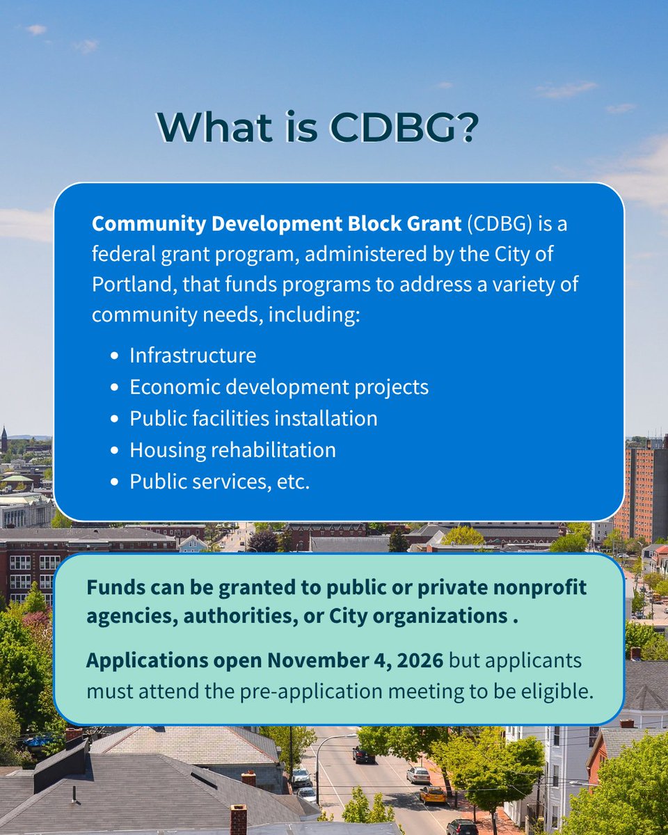 CityPortland's tweet photo. Applying for CDBG funds in #PortlandMaine this year? Attendance at our mandatory pre-application Zoom meeting is REQUIRED! Join us Thursday, October 15 at 9:30 AM via Zoom. Visit https://t.co/xvWb6i4Vh9 to learn more and register. https://t.co/bv5n5o3zGb