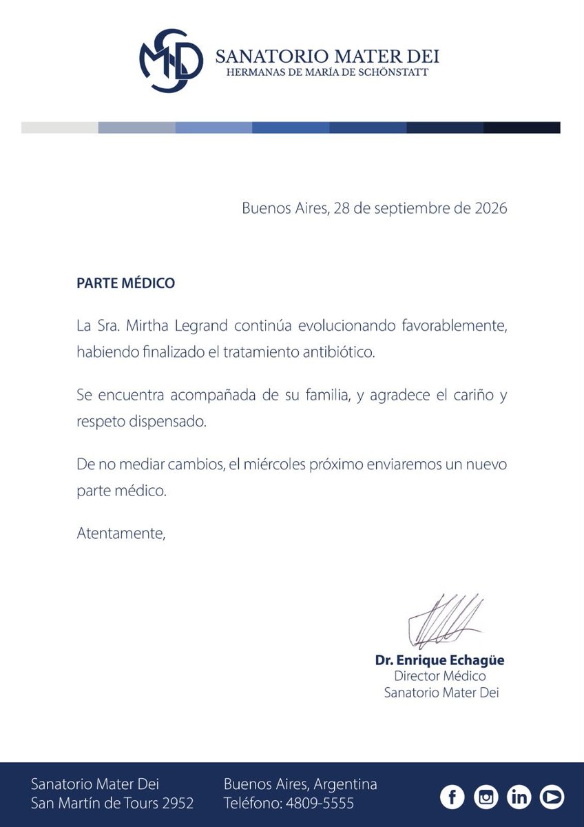 luisbremer's tweet photo. Nuevo parte médico sobre la Salud de @mirthalegrand 
Evoluciona favorablemente
Nuevo parte médico el miércoles https://t.co/VgWyWeprhN