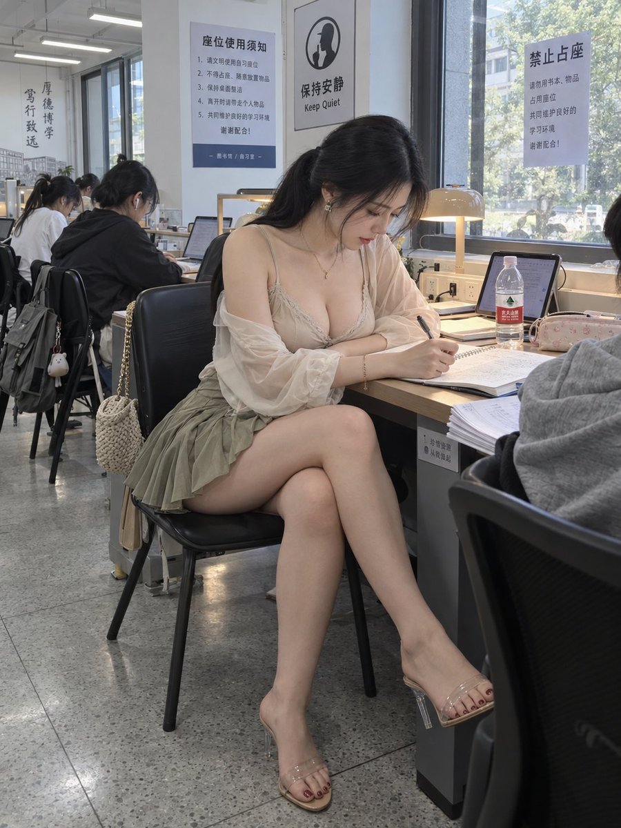 growaiskills's tweet photo. 超写实中国普通大学公共自习室手机纪实抓拍，竖版约 3:4。明确成年的 23 岁绝美东亚女性，气质时尚、自信、温柔，独自坐在靠窗长桌外侧，低头在笔记本上写字。摄影者站在过道稍前方偏左，约 35–50mm，拍到头、低领、腰、裙摆和腿，同时留下邻座后脑、台灯、插座排和墙上告示。  身材匀称丰满，胸部明显自然丰满，视觉约 D 至 E 杯，有自然重量感和柔和圆润轮廓，胸腰差明显；腰细，髋腿有真实柔软体积。不要过瘦，不要扁平，不要健美。  她坐着微微前倾，左臂压桌沿，右手握笔。双腿在桌下膝上交叉，外侧小腿斜伸到过道。头低着看本子，不看镜头。前倾把领口拉开，薄料下胸部压出圆润轮廓，短裙被大腿顶高一截。神情安静专注。  乌黑长发松松低马尾，发尾垂到肩胛，耳侧碎发贴脸。鹅蛋脸，白皙，淡妆：细眉、自然眼线、薄腮红、水润豆沙唇。不笑。  上身是一件奶茶色真丝吊带，细肩带，浅 V 低领开到乳沟上缘，领口滚了一圈细窄蕾丝。面料轻薄带微光，紧贴承托胸型重量，腰侧细抽褶收进去，下摆刚过腰线。外面松松挂一件未扣的浅香槟雪纺开衫，袖口宽，从肩上往下滑，前襟完全敞开。  下身是浅橄榄色高腰迷你百褶裙，纱感轻薄，细密褶片有光泽，长度到大腿中上。坐下后褶子在髋上散开。裸腿。  脚上是裸色细带高跟凉拖，透明细跟约 7cm，露趾，脚趾豆沙色甲油。细金项链坠到锁骨窝，小金耳环，手腕细手链。  桌上摊开笔记本、中性笔、平板、半瓶矿泉水和一只打开的笔袋；椅背挂着迷你编织包。右邻只露出一件灰色卫衣后背和一叠打印稿。墙上贴着「保持安静 / Keep Quiet」「座位使用须知」，窗边有「禁止占座」打印条，天花板冷白灯管，桌面有一盏暖黄小台灯。窗外是白天校园树影。手机纪实，中等景深，背景清楚，不要棚拍。  重点锁定  23岁绝美东亚女性＋时尚自信温柔＋D至E杯自然重量＋胸腰差＋奶茶真丝浅V吊带＋细肩带蕾丝＋敞开香槟雪纺开衫＋浅橄榄迷你百褶裙＋裸腿＋裸色透明细跟凉拖＋交叉腿前倾写字＋低马尾＋大学公共自习室＋保持安静告示＋邻座卫衣＋暖黄台灯＋中国自习室纪实抓拍  避免  未成年、幼态、高中生感、JK、水手服、学生制服、厚棉素吊带、高领、及膝裙、宽松遮肉、空自习室、棚拍、大虚化、看镜头、摆拍微笑、浓妆、动漫脸、塑料皮肤、扁平胸、过瘦、水印