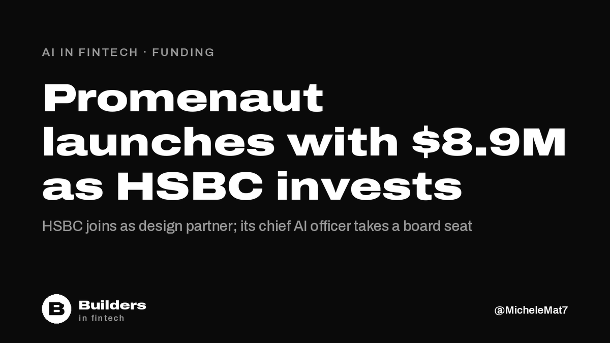MicheleMat7's tweet photo. Promenaut launches with $8.9M in total funding, including a strategic investment from HSBC. The bank is also a design partner, and its chief AI officer David Rice joins the board. Founded in 2025 by ex-HSBC Stephen Murphy, it runs people and AI agents as one governed workforce. https://t.co/I6QOfjJ6sR