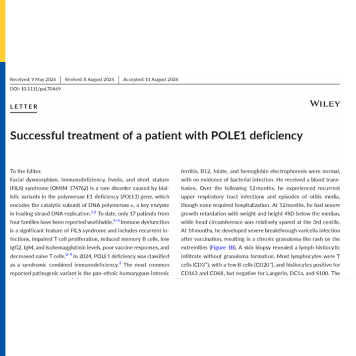 pai_eaaci's tweet photo. Rare Disease Spotlight 🔬
#POLE1 deficiency is a rare inborn error of #immunity with only a handful of cases described worldwide.
This #Letter reports the successful management of a child with this challenging condition and adds important insights into its clinical presentation.
Now available, here 🔗 https://t.co/bbUwNsYEGS
.
#PAI_Journal #RareDiseases #Immunology #POLE1deficiency #inbornerrorofimmunity #raredisease