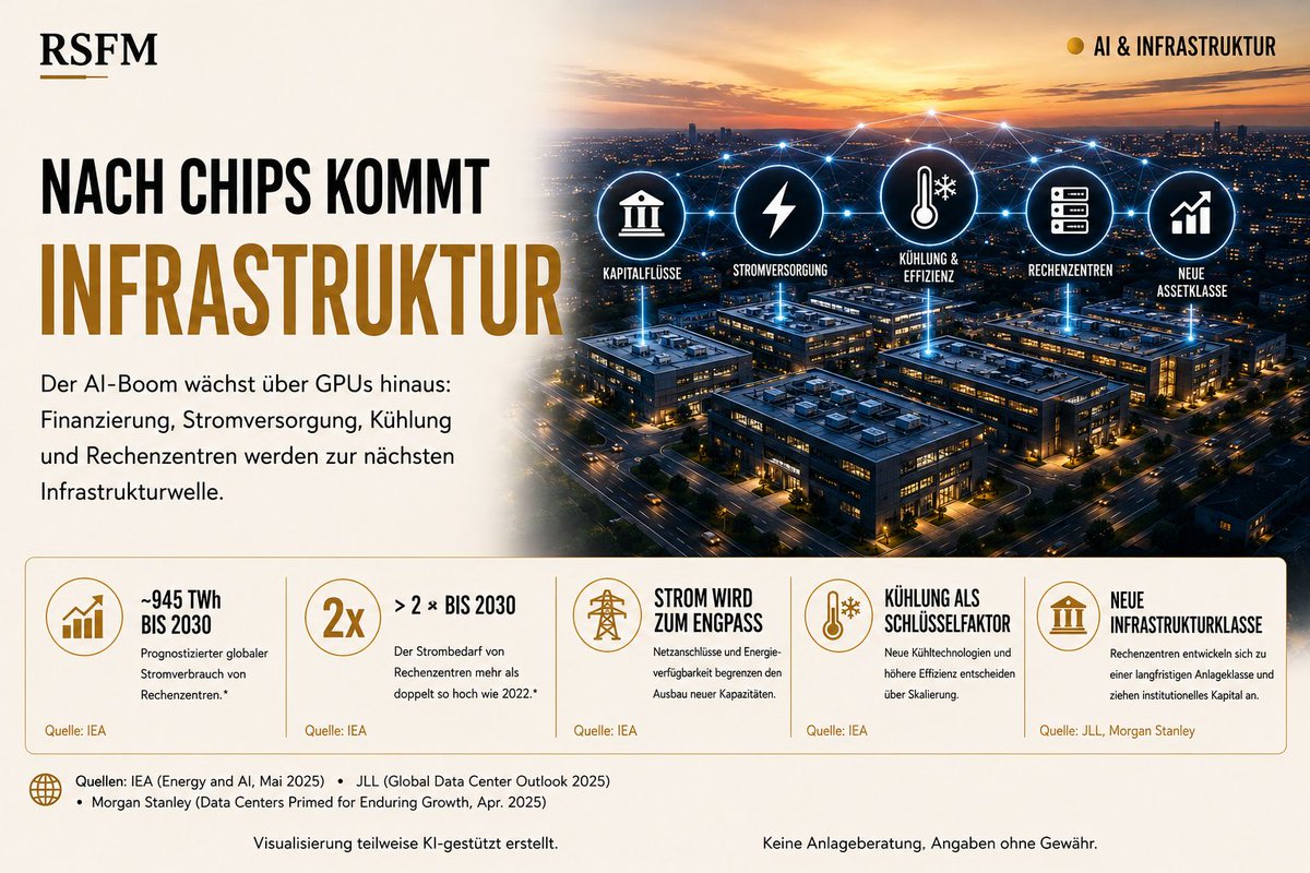 RSFM_Official's tweet photo. ◉ NACH CHIPS KOMMT INFRASTRUKTUR

Der AI-Boom erreicht seine nächste Phase.

Bisher konzentrierte sich der Markt vor allem auf GPUs, Halbleiter und die Unternehmen, die diese Rechenleistung bereitstellen.

Doch AI benötigt weit mehr als Chips.

→ Rechenzentren
→ Stromversorgung
→ Netzanschlüsse
→ Kühlung
→ Finanzierung

Und genau dort entsteht gerade die nächste große Infrastrukturwelle.

Die IEA erwartet, dass der weltweite Stromverbrauch von Rechenzentren von rund 460 TWh im Jahr 2022 auf etwa 945 TWh bis 2030 steigt.

Mehr als eine Verdopplung.

Damit verändert sich auch die entscheidende Frage des AI-Booms:

Nicht mehr nur: Wer produziert die besten Chips?

Sondern zunehmend:

Wer baut die Infrastruktur, die Millionen dieser Chips überhaupt betreiben kann?

Stromverfügbarkeit und Netzanschlüsse werden dabei zu strategischen Engpässen. Gleichzeitig gewinnen Kühlung, Energieeffizienz und der Ausbau neuer Rechenzentrumskapazitäten massiv an Bedeutung.

Und auch der Kapitalmarkt reagiert.

Rechenzentren entwickeln sich zunehmend zu einer langfristigen Infrastruktur-Assetklasse, in die institutionelles Kapital fließt.

Damit erweitert sich die AI-Wertschöpfungskette deutlich:

CHIPS
↓
RECHENLEISTUNG
↓
RECHENZENTREN
↓
STROM + KÜHLUNG
↓
INFRASTRUKTUR

Die möglicherweise spannendste Frage für Investoren lautet deshalb nicht nur, wer den AI-Chipmarkt gewinnt.

Sondern wer die physische Infrastruktur für die nächste Generation von AI kontrolliert.

Der AI-Boom endet nicht bei GPUs.

Dort beginnt die nächste Investitionswelle erst.

#AI #Rechenzentren #Investing