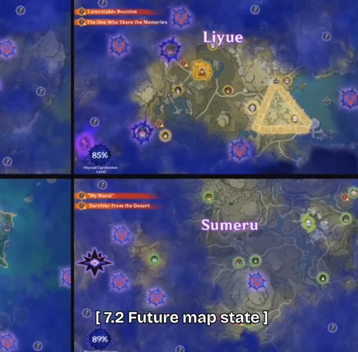 GenshinInfoZone's tweet photo. 🚨Genshin impact 7.2 map state leaks 🚨 

- In all of Teyvat Abyss creatures
are attacking all seven Nations 

Via chronoz https://t.co/gXnUG3AWtb