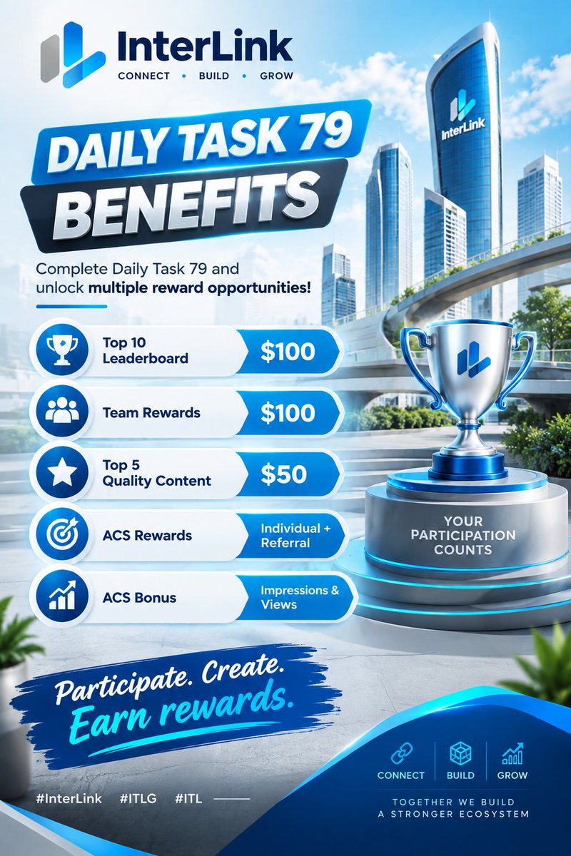 bmbtiger's tweet photo. 🚀 DAILY TASK 79 | BENEFITS

🏆 Top 10 Leaderboard — $100
👥 Team Rewards — $100
⭐ Top 5 Quality Content — $50
🎯 ACS Rewards — Individual + Referral
📈 ACS Bonus —Impressions &amp; Views

🔥 Participate. Create. Earn rewards.

#InterLink #ITLG #ITL https://t.co/9sOgYRJOHn
