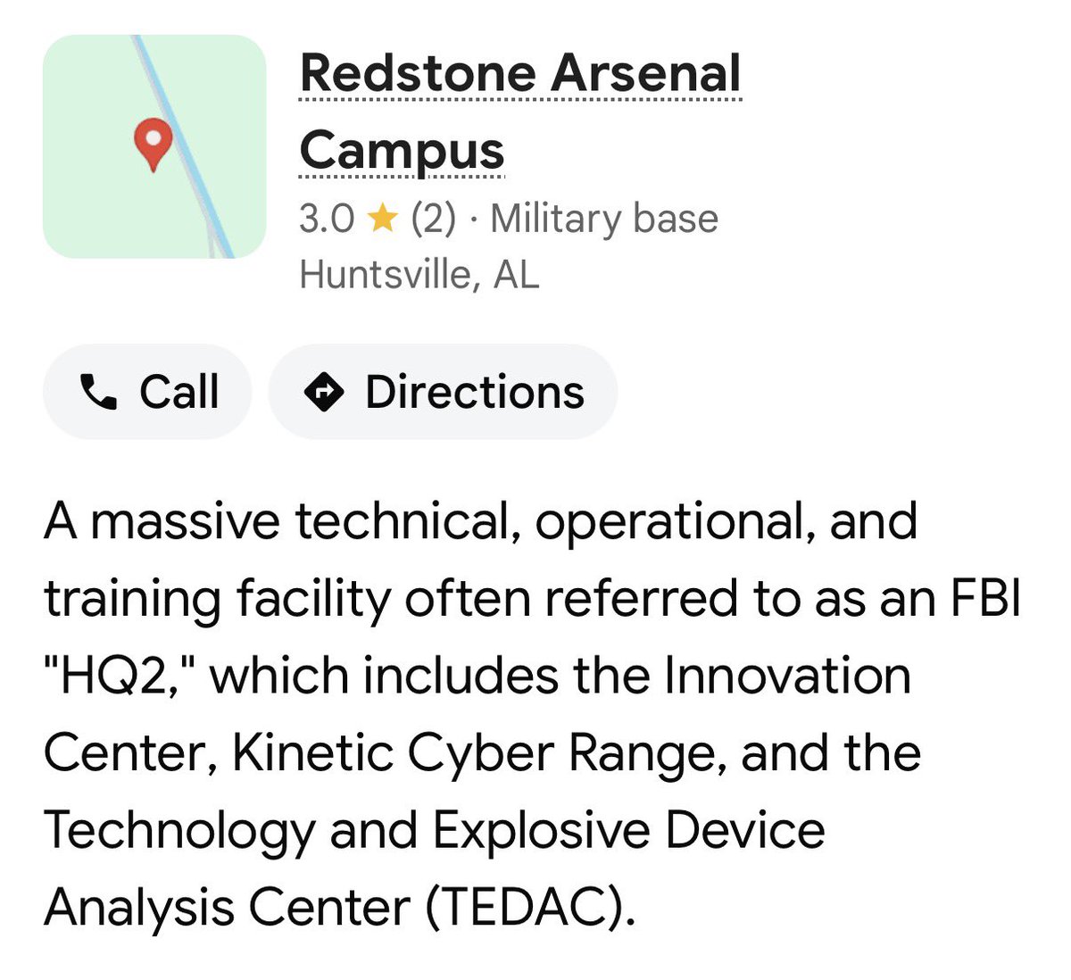 AmyAdams_5's tweet photo. @ms_silver_raven @DiligentDenizen Yep! NASA is also located in Huntsville AL and check this out! It says Redstone Arsenal is a training facility anddd… “Technology and Explosive Device Analysis Center (TEDAC).” 🤯🤯 https://t.co/6XXl5zdgeN