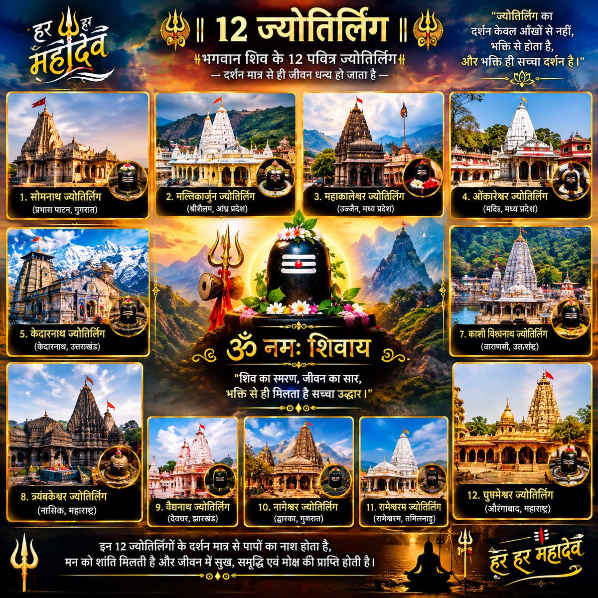 AnjitkrAao's tweet photo. ॐ नमः शिवाय 🙏 🙏 
12 ज्योतिर्लिंग
जहाँ-जहाँ शिव स्वयं प्रकट हुए, वो 12 पवित्र स्थान हैं:
सोमनाथ, मल्लिकार्जुन, महाकालेश्वर, ओंकारेश्वर, केदारनाथ, भीमाशंकर, काशी विश्वनाथ, त्र्यंबकेश्वर, वैद्यनाथ, नागेश्वर, रामेश्वरम और घृष्णेश्वर।

भक्तों के लिए संदेश
भोलेनाथ सिखाते हैं कि:
*सादगी में ही सुख है,* अहंकार छोड़ो, सबको समान समझो, और बुराई को अपने अंदर ही भस्म करो।

उनका सबसे प्रिय मंत्र है - *ॐ नमः शिवाय* - इसका जाप करने से मन शांत होता है।
हर हर महादेव 🙏🙏