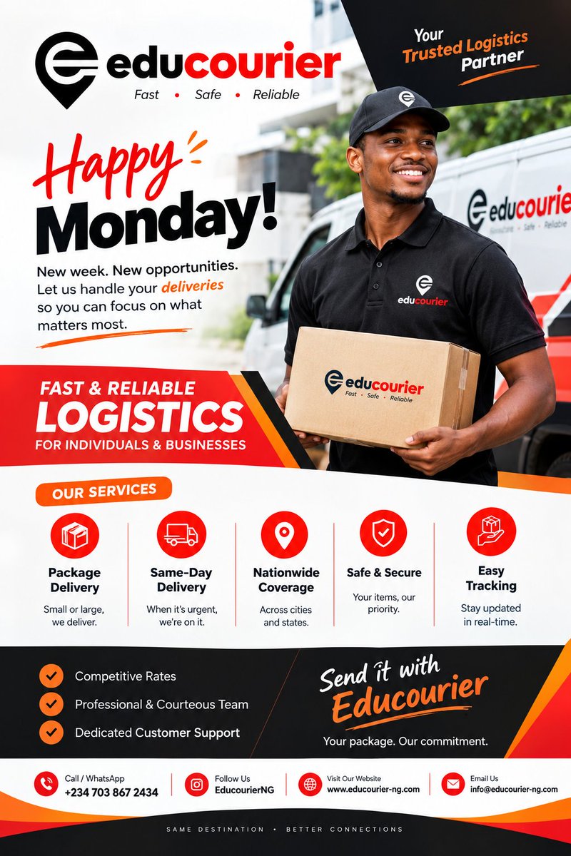 educourierNG's tweet photo. Remaining your one trusted partner in logistics is our priority 🤗
Let's do it again this week 🤗

Happy New Week 🤗

#Educourier #Delivery https://t.co/fpf5lfvwgO