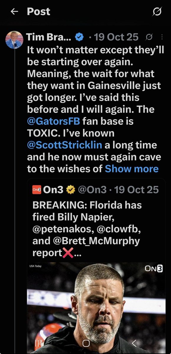 GatorDudeDrew's tweet photo. @TimBrando @CoachJonSumrall But we Gators fans are toxic because we didn’t except incompetence and mediocrity. https://t.co/rvonkh5ik1