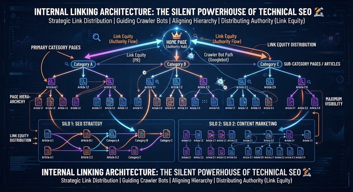 azman68053's tweet photo. Internal linking architecture is the silent powerhouse of technical SEO. 🏗️
Strategic link distribution passes authority (link equity), guides crawler bots efficiently, and aligns page hierarchy for maximum visibility. Structure your links with intent. 
#Interlink #ITLG #ITL https://t.co/Nw7R2KPrT4
