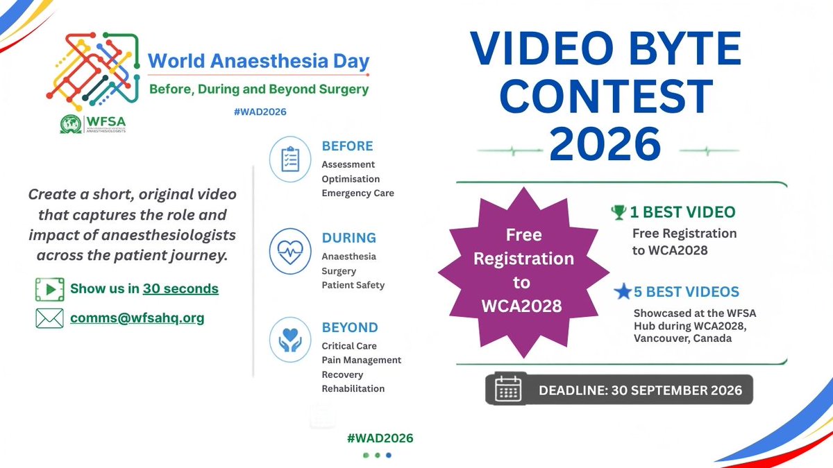 wfsaorg's tweet photo. 🚨 ONLY TWO DAYS LEFT!
Have you got your video ready? Show us how anaesthesiologists support patients before, during and beyond surgery and share your story with the world.
🏆 Win free registration to WCA2028 in Vancouver
🌍 Five winning videos will be screened at the WFSA Hub at WCA2028
🗓️ Deadline: 30 September 2026
🔗 Read the full contest details and submit your video: https://t.co/8dIvb42DQ4