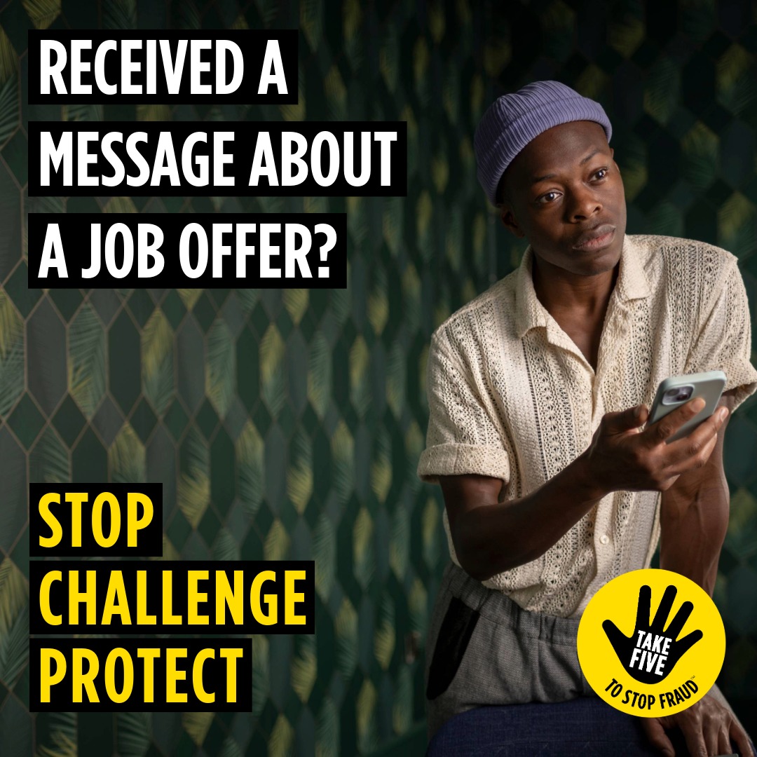bhamts's tweet photo. Received a message about a job offer? Stop and Think.
Scammers can impersonate recruiters and HR teams to steal personal and financial information.
#TakeFive #JobScams #StopChallengeProtect #JobSearch #BrumTS https://t.co/lZVqXEoECh
