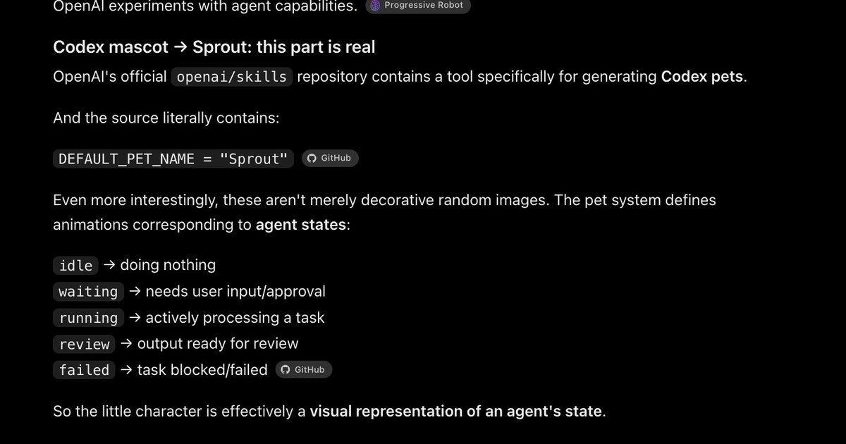 gojodotsol's tweet photo. The name isn't Orbit this guy isn't even affiliated with OpenAI! It is Sprout!

Check the OFFICIAL GITHUB CODEX USED FOR THEIR AGENTS!

https://t.co/ViuXgxLlIX

The OFFICIAL CODEX Default name for VISUAL AVATAR AGENT's is SPROUT!

IT'S IN THEIR OFFICIAL DOCS! https://t.co/yIM1O4r36x