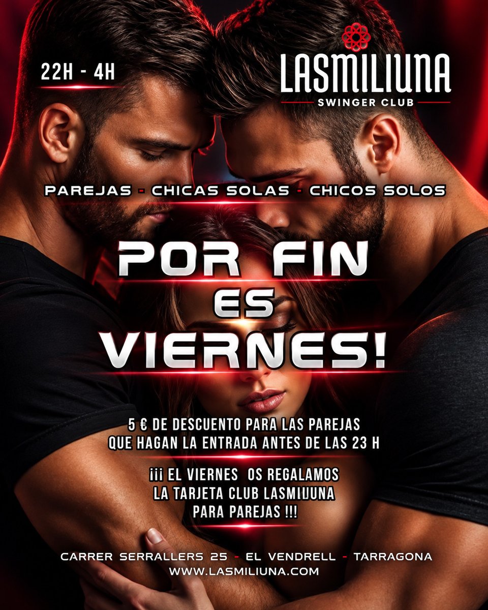 Lasmiliunaclub's tweet photo. Por fin es viernes! Lasmiliuna Swinger +info https://t.co/jNWuijRfQ1 #parejas #viernes #tarragona #swinger https://t.co/vaERPPvqRs